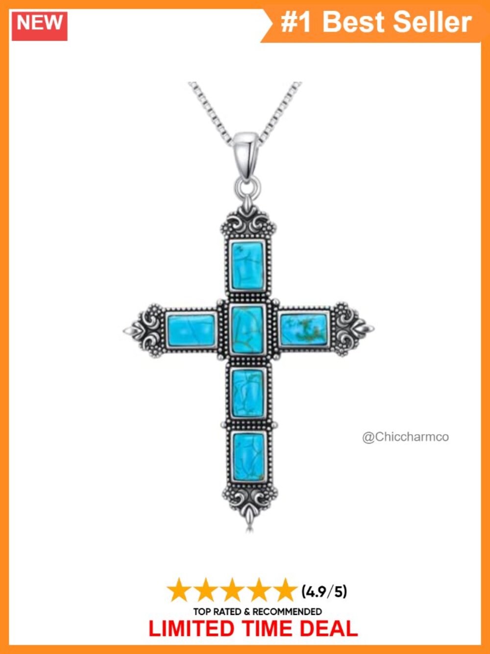 Sterling Silver Turquoise Cross Pendant Necklace Handmade Western 18in